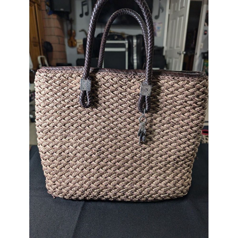 BRIGHTON Woven Rita Bag Jute Tri color Leather handles silver accents Charms EUC